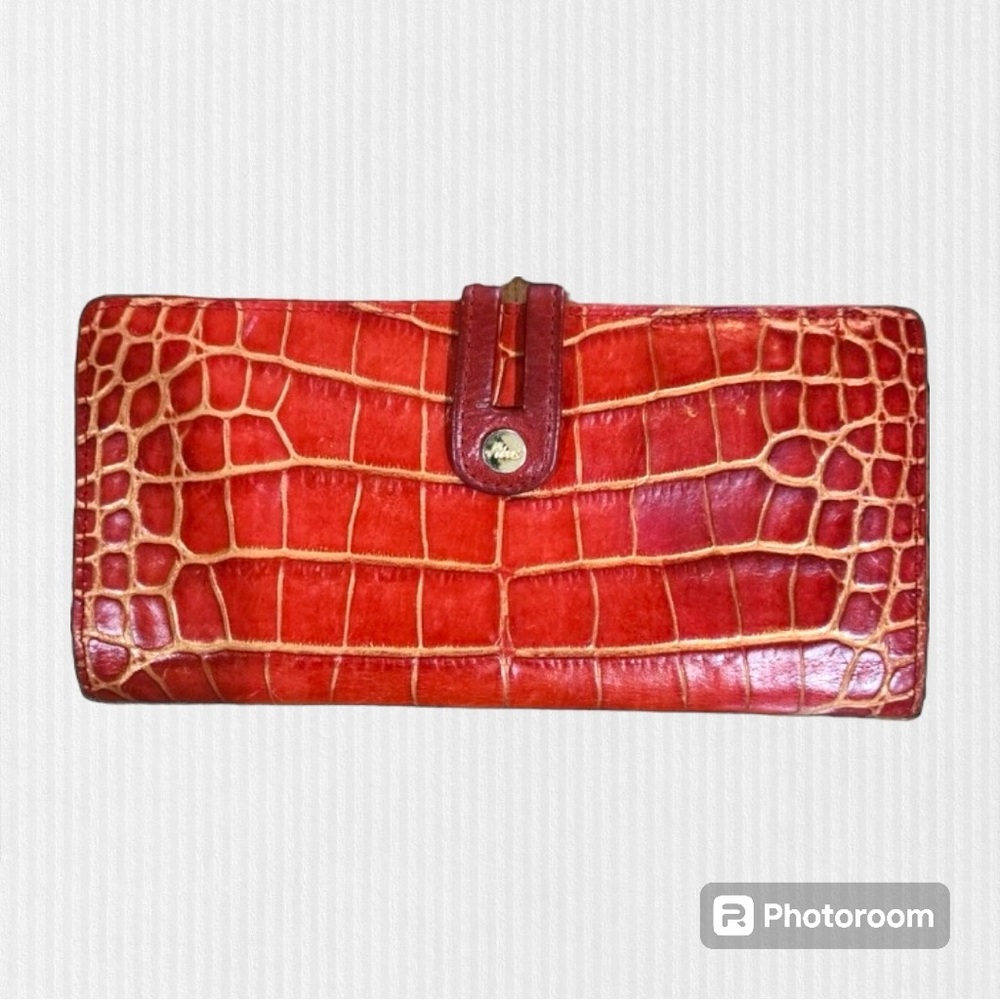 ABAS Long Wallet Vintage Kiss lock Reddish Orange w/ gold Veins EUC